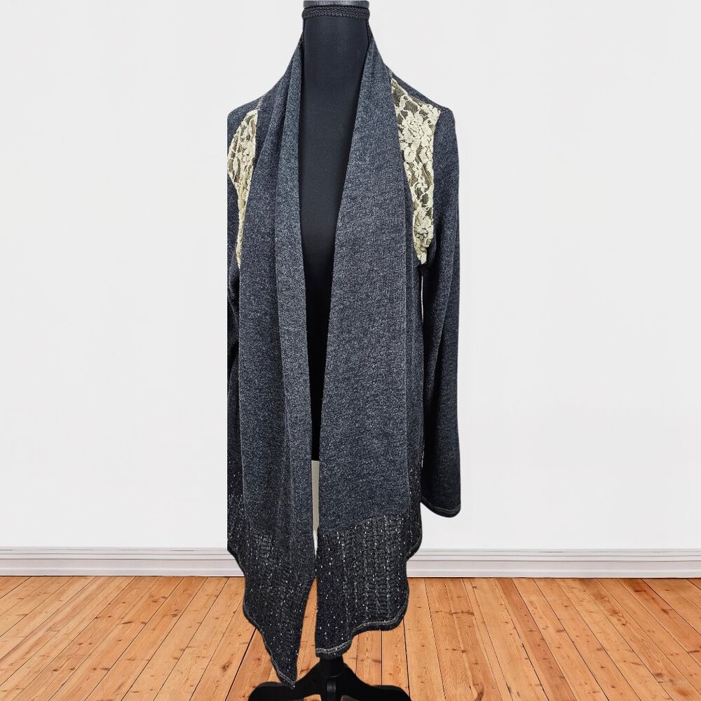Miss Me Gray Lace Shoulder Open Front Cardigan Size M